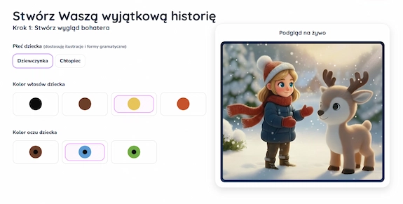 Formularz personalizacji książki - wybór imienia, wyglądu i dedykacji